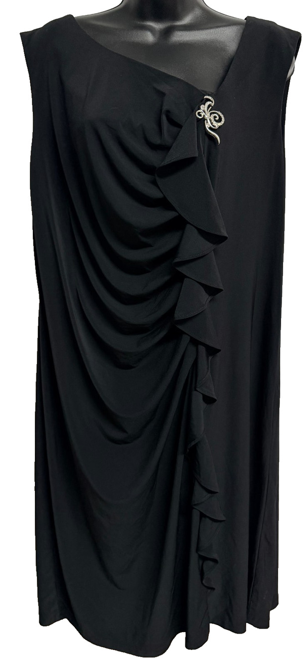 Fashion Bug Sleeveless Draped Ruffle Dress Women's 20W Black Brooch Plus NEW